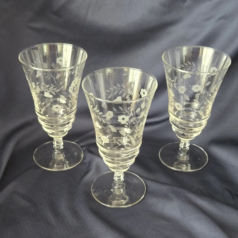 3 Libbey Halifax Rock Sharpe Drinking Tea Glasses Stemmed Etched Floral Design